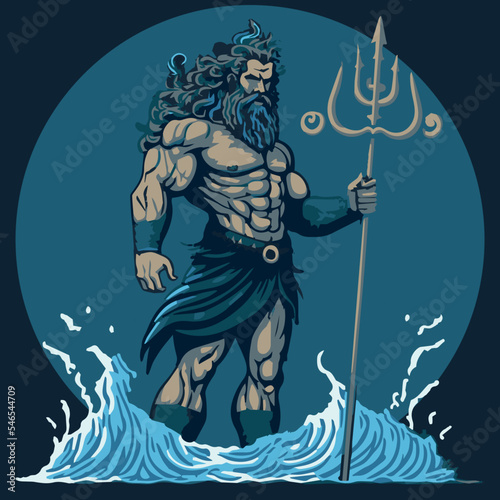 Poseidon vector art. Greek mythological god of water. Lord of the sea and oceans. Muscular man with trident. Neptune graphic illustration. Power symbol. Logo with wave. Strong cartoon illustration