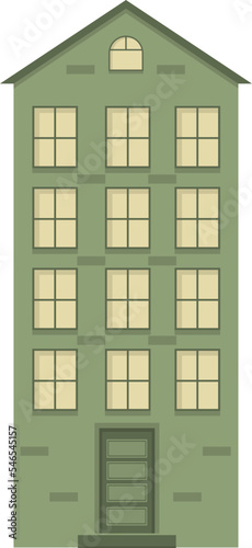 Green multi-storey building with windows. House design. Residential building illustration