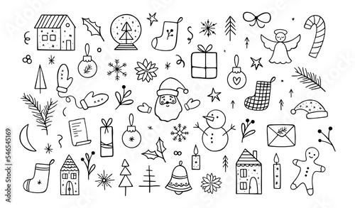 Huge collection of hand drawn vector Christmas festive elements. Outline holiday vector set. Santa Claus, gingerbread man, snowman, candy, Christmas trees, snowflakes, socks, houses, toys, angel
