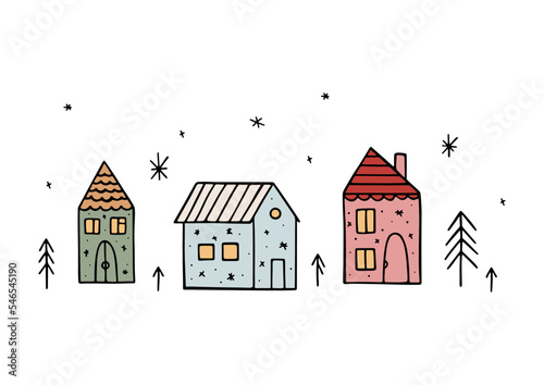 Hand drawn Christmas houses with snowflakes and pine trees isolated on white. Festive colorful elements. Winter wonderland. Holiday vector design for prints and posters. New Year celebration concept