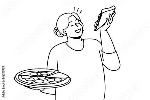 Happy overweight woman with pizza in hands enjoy fast food. Smiling fat female eating Italian food. Body positive. Vector illustration. 