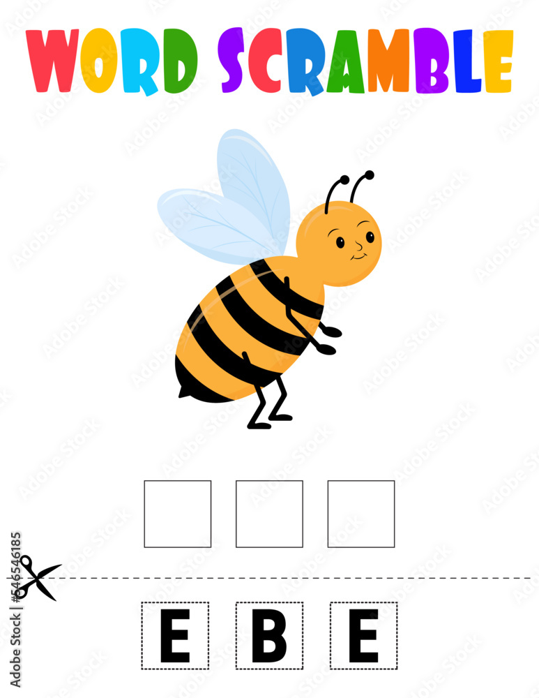 Bee Word scramble . Educational game for kids. English language