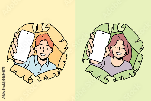 Happy girl, guy look into holes in paper with torn edges, show smartphones with blank screen. Special offer with discount, clearance sale banner. Copy space. Empty cellphone mockup. Vector concept.