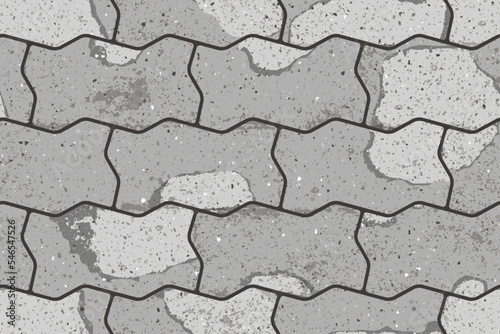 Seamless pattern of pavement with figured interlocking textured cracked old bricks. Vector pathway texture top view. Outdoor concrete slab sidewalk. Cobblestone footpath or patio. Block floor