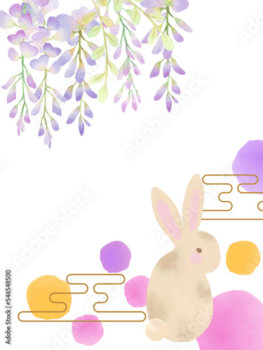 Watercolor bunny cute illustration Rabbit with Flowers blossom orient asian bud petal branches Perfect for invitations