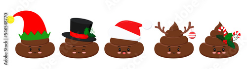 Christmas poop cute funny excrement character cartoon emoticon set.
