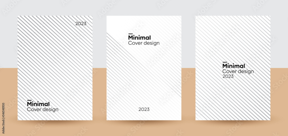 Fototapeta premium Set of three design templates with stripes. Abstract monochrome stripe texture background. Minimal grey lines pattern background for cover, retro and graphic effects. Vector, 2022-2023