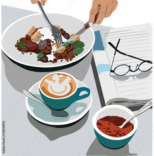 Hands drawn having morning breakfast and reading newspaper
