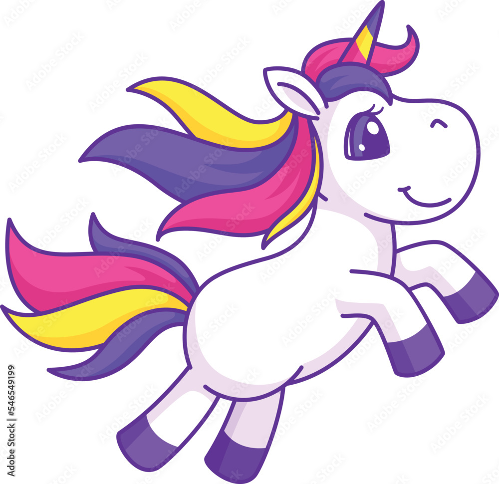 Jumping unicorn. Funny magic horse. Color animal