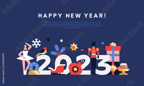 Fotografering Happy New Year 2023 flat geometric holiday template