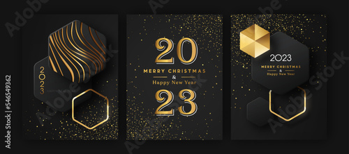 Christmas New Year 2023 3d gold black modern card set