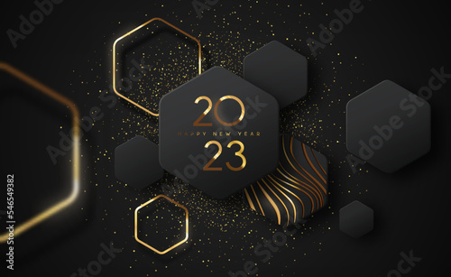 Happy New Year 2023 gold black luxury 3d glitter greeting card