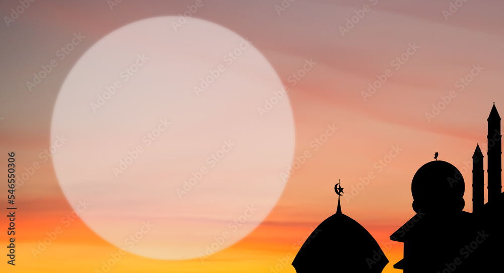 Mosques Dome,Moon on Dusk Sunset Twilight Sky Background,Islamic New