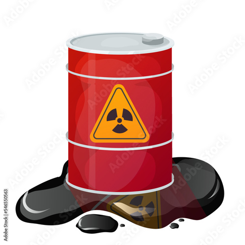 Metal red barrel toxic, dangerous sign with liquid around, waste, pollution in cartoon style isolated on white background. Radioactive, flammable material.
