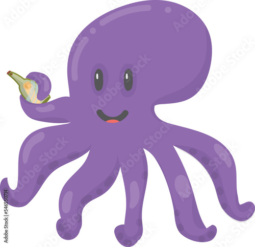 Purple octopus with smiling face. Happy sea character