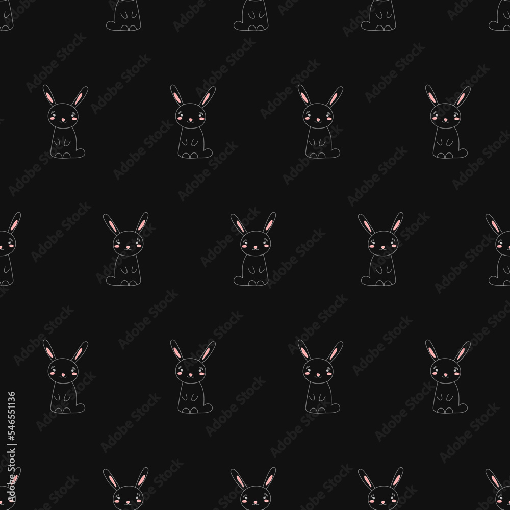 Doodle rabbit pattern with a scarf. Hare in doodle style. Drawn rabbit pattern for backgrounds, wallpapers, fabrics, wrapping paper, textiles.