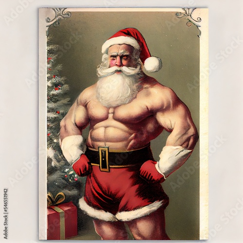 Chrsitmas Muscular Santa Clause bodybuilder muscleman Postcard style - Digital Art, Concept Art