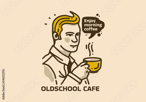 Vintage art illustration of man holding coffee cup