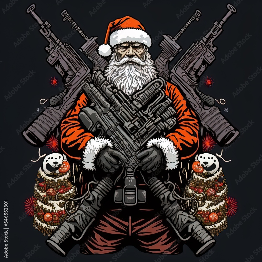 Angry Dangerous Santa Claus with Lot of Guns - Vector, Digital Art