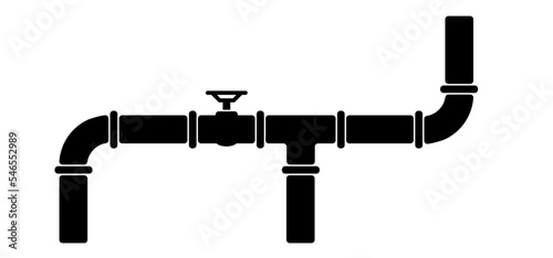Water, oil or gas pipeline with fittings and valves. Pipeline and black tap, open, close. Globe valve icon or pictogram. Vector pipe fitting symbol. Wastewater or Waste water logo. Distribution.