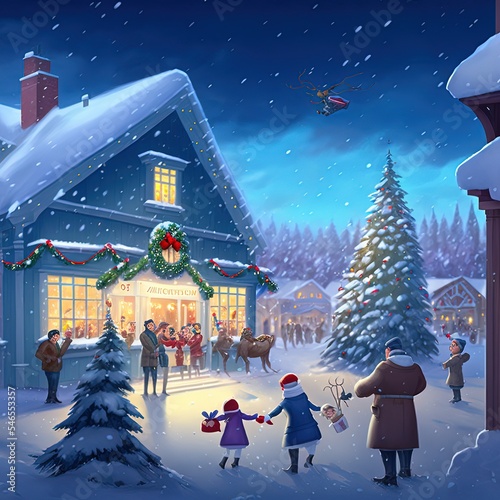 Christmas tme in beautiful  city, cartoon style, happines and joy. photo