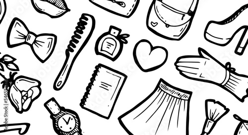 Women goods in glamorous boutique. Miscellaneous items. Shop for girls. Fashion clothes, cosmetics and accessories. Outline hand drawn sketch. Drawing with ink. Isolated on white background. Vector.