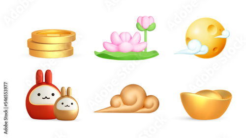 Chinese gold ingot and coin, lunar rabbit, full moon and clouds, lotus flower icon. 3d render asian design element.Vector cartoon illustrarion