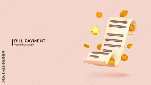 3D Cash Receipt in cartoon style. Realistic 3d design of Paper bill with Coin in Trendy colors. Vector illustration in cartoon minimal style.