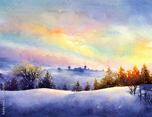 sunrise in the mountains, sunset in the forest, watercolor landscape, pastel snowy winter scenery, greeting card, Christmas, season, cold, illustration, digital