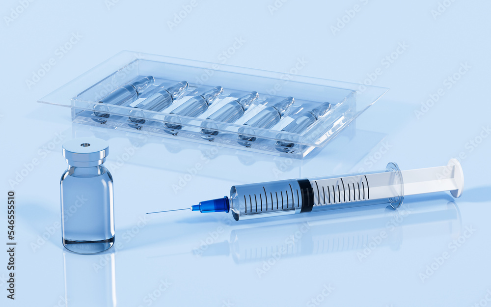 Ampoules and syringes in the lab, 3d rendering.