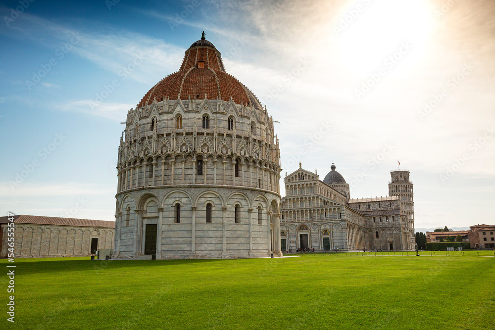  Campanile (Leaning Tower of Pisa), the Pisa Cathedral, and the Pisa Baptistry in the Piazza dei Miracoli