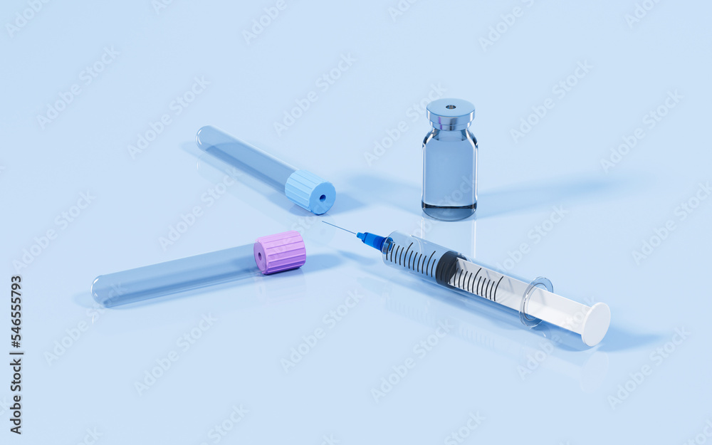 Vacuum sampling vessel and syringes in the lab, concept of the medicine, 3d rendering. Vacuum sampling vessel and syringes in the lab, concept of the medicine, 3d rendering.