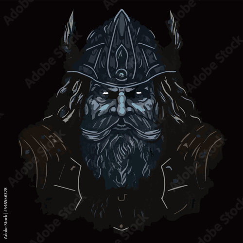 Epic fantasy viking drwarf vector illustration. Dark sombre medieval warrior wearing a helmet and a plated armor.  Ancient cartoon guard. Military knight going to battle. Fairytale rpg game design
