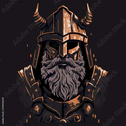 Epic fantasy viking drwarf vector illustration. Dark sombre medieval warrior wearing a helmet and a plated armor.  Ancient cartoon guard. Military knight going to battle. Fairytale rpg game design