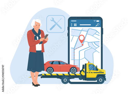 Roadside assistance service concept. Eldery woman calling a tow truck. Vector illustration.