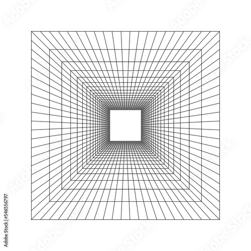 Room, hall, studio or portal wireframe in perspective. Box grid structure. Mesh in 3D dimension. Engineering, architecting or technical scheme. Isometric cell frame