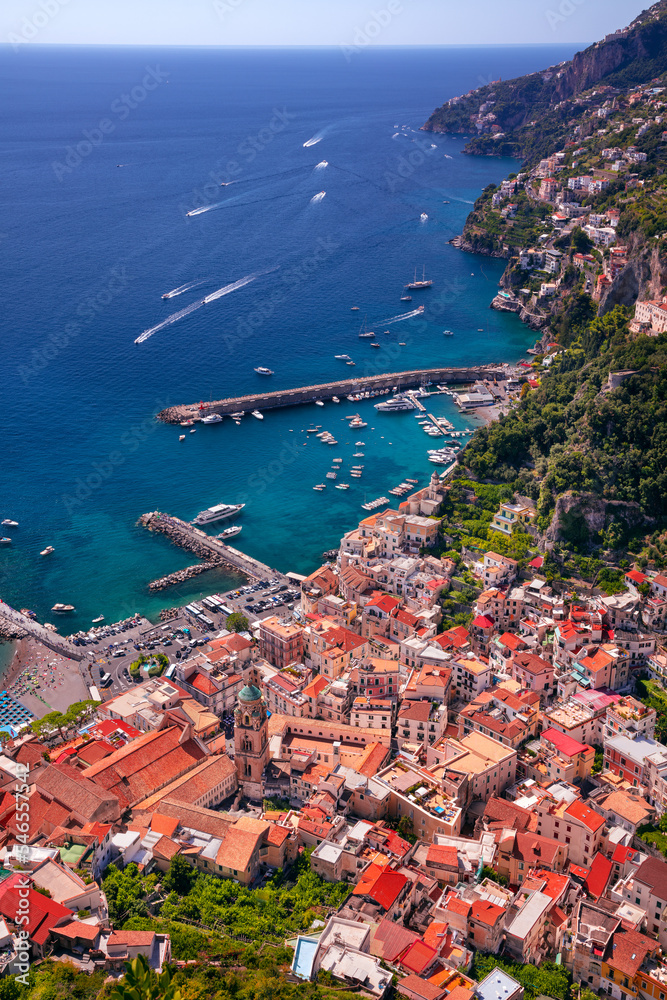 Amalfi, Italy. Aerial cityscape image of famous city Amalfi located on Amalfi Coast, Italy at sunny summer day.