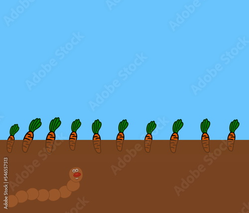 A smiling brown worm stirring up the soil in a vegetable field - illustration