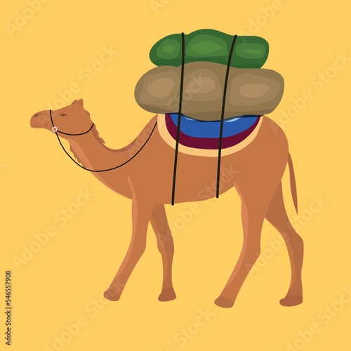 Camel with cargo isolated on background. Vector illustration.