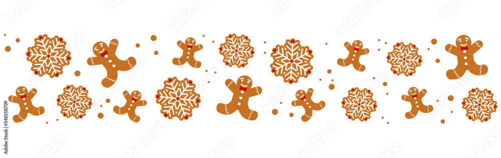 Christmas background with gingerbread men and snowflakes.Seasonal greeting card template	
