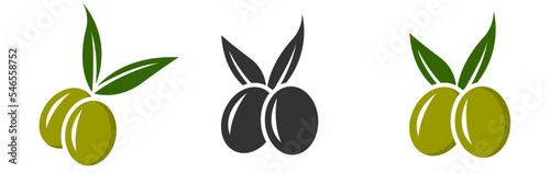 Vector set of olive oil labels. Olive tree, branches and drop. Black olives. Green olives.	