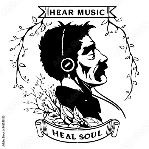 Hand drawn vector portrait of a man in a profile that listens to the music is insulated on a white background.