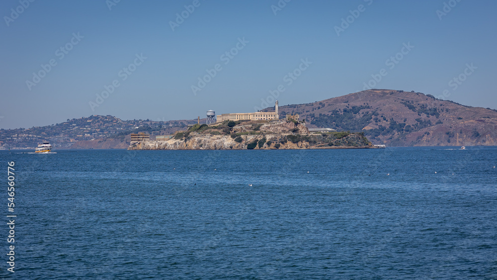 View of Alcatraz, it is an island in the San Francisco Bay. From 1934 to 1963 it was used as a maximum security prison. Now it is a tourist attraction