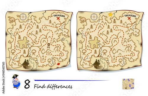 Find 8 differences. Pirate treasure island map Illustration. Logic puzzle game for children and adults. Page for kids brain teaser book. Developing counting skills. Vector drawing.