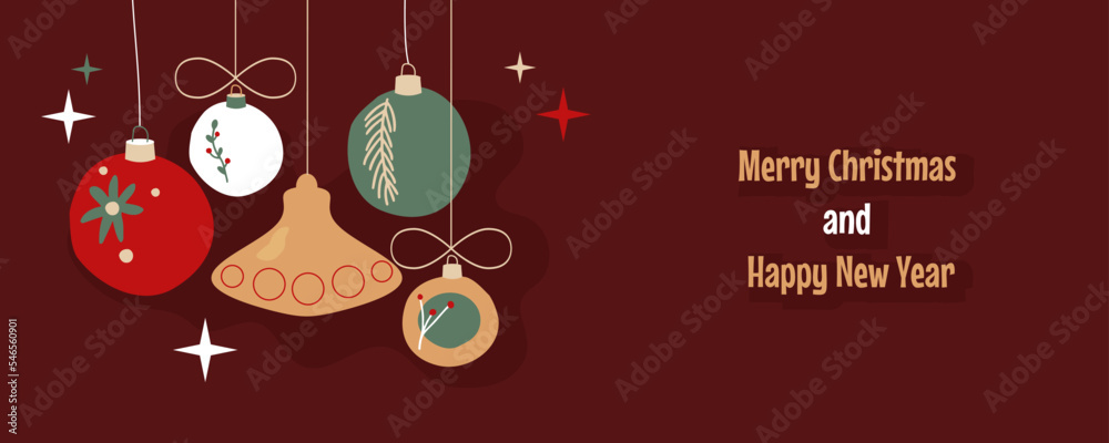 Naklejka premium Happy Holidays modern banner design with Christmas decorations. Xmas retro background. Vector flat illustration