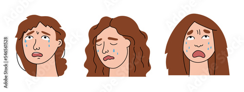 Sad women cry with pain and grief. Sobbing girls flat characters shed tears, expresses the emotions of misfortune and despair. Isolated. Vector illustration.