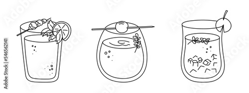 Alcoholic cocktails set, long drink beverages for holiday celebrating. Use for decorating design festive menu. Hand-drawn doodle style. Editable stroke. Isolated. Vector illustration