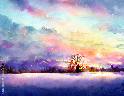 Fototapete sunrise in the mountains, sunset in the forest, watercolor landscape, pastel sno