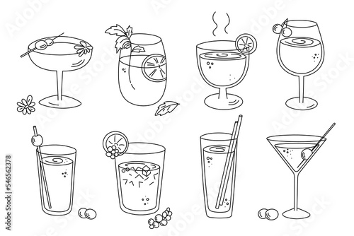 Alcoholic cocktails set, long drink beverages for holiday celebrating. Use for decorating design festive menu. Hand-drawn doodle style. Editable stroke. Isolated. Vector illustration