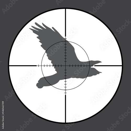 Illustration of bird in rifle sight while hunting.